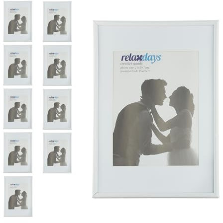 Relaxdays 2 x Bilderrahmen, Din A4, Passepartout 15x20 cm, Glasscheibe, Fotorahmen zum Stellen oder Hinhängen, Rahmen, weiß