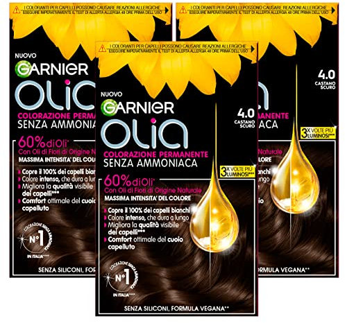 Garnier Olia Permanente Haarfarbe, ohne Ammoniak, Färbung mit Blütenölen natürlichen Ursprungs mit aufhellender und pflegender Wirkung, Farbe 4.0, Dunkelbraun – 3 Packungen