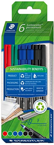 STAEDTLER Lumocolor 318 Permanent Marker – 6er-Set, F, 4 Farben | Folienstift permanent für fast alle Oberflächen, wasserfest 0,6 mm – Art.-Nr. 318 C6-1