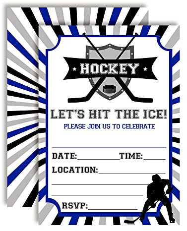 Amanda Creation Blue & Grey Hockey-Geburtstagsparty-Einladungen, 12,7 x 17,8 cm, mit 20 weißen Umschlägen