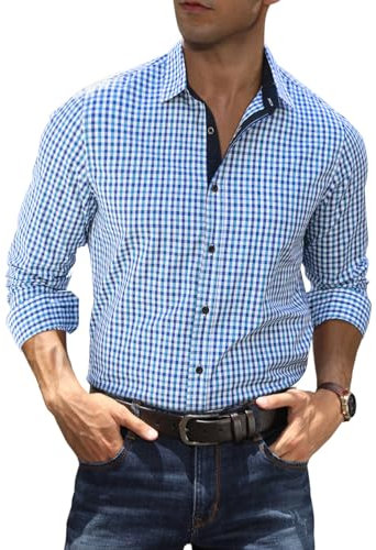 Elegancity Mens Dress Shirt Plaid Cotton Business Formal Shirts Regular-Fit Wrinkle-Free Long Sleeve Button Down Casual Shirts (Blue, Large)