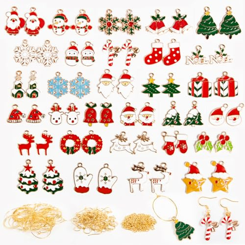 BOFUNX 60 Stücke Weihnachten Charms Anhänger Mini Weihnachtsanhänger mit 300pcs Metallringe für Ohrringe Armband Halskette Weinglas Anhänger Basteln DIY Handwerk Zubehör