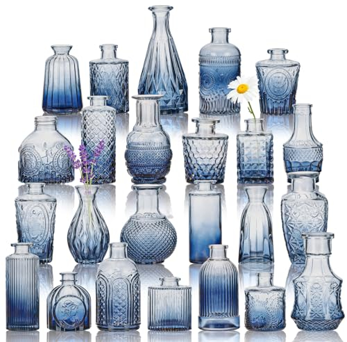 CUCUMI 24-teiliges Glasvasen-Set in Großpackung, schrittweise Blaue Reliefvase für Tafelaufsätze, Mini-Vintage-Glas-Blumenvasen für Hochzeit, Zuhause, Tischparty, Dekoration