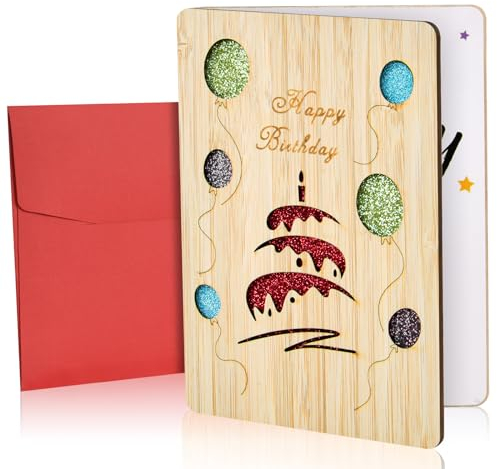 Vicloon Holzkarte aus Bambus, Hochzeitskarten Jahrestag Karten, Holz Geburtstagskarte, Einladung Karte Holz, Valentinstag Karte Holz, Premium Beste Kreative Geschenkkarte mit Umschlag(Kuchenballons)
