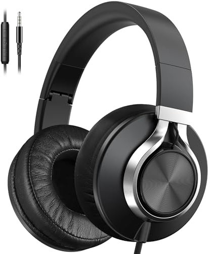 Ailihen Wired Headphones with Microphone and Volume Control, Over-Ear Foldable Corded Stereo Headsets for Teens Adults 3.5mm for Computers, Chromebooks, Tablets (Black)