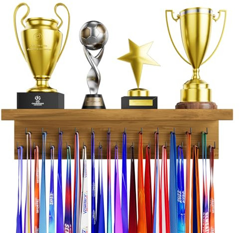 DSVENROLY Medaillenhalter Display Trophy Shelf Organizer, Stabiler Medaillenhalter Ausstellungsständer aus Holz mit 25 Stahlhaken, Medaillenhalter zur Wandmontage (1 Stück-braun)