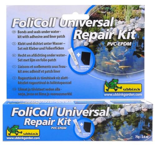 Ubbink FoliColl Kit de réparation de revêtement de bassin – Adhésif 75 g avec Patch en PVC pour revêtements AquaLiner/EPDM, Noir, Utilisation sous-Marine
