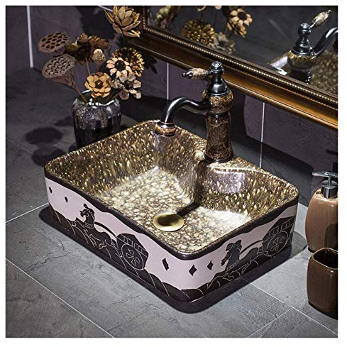 Waschtischunterschrank mit Waschbecken, Badezimmer-Waschtischgefäße, Waschbecken, Aufsatzwaschbecken, Badezimmer-Waschbecken aus Keramik, oval, 43,2 cm, europäischer Vintage-Stil,