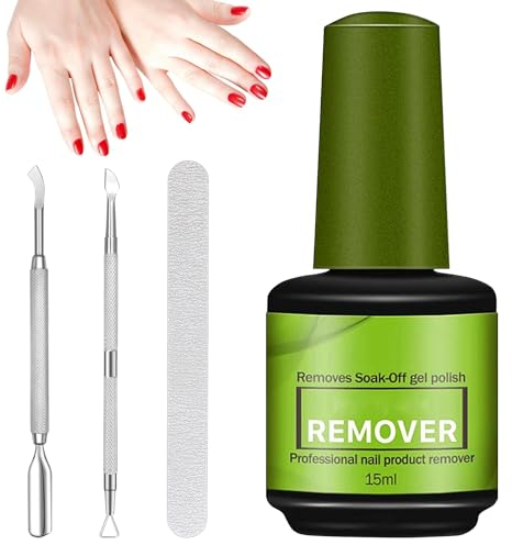 KIKVTER Solvente Per Smalto Semipermanente, Solvente per Smalto 15ml, Remover Semipermanente Unghie, Rimuovi Semipermanente Unghie, con Lime per Unghie e Raschietti per Smalto e Spingi Cuticole
