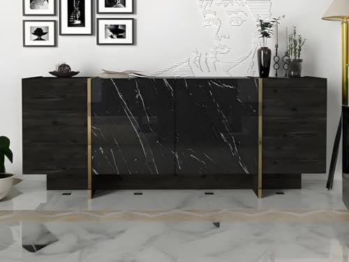 Vente-unique-Sideboard mit 4 Türen – Marmor-Optik schwarz, Dunkles Naturholz und Gold – CADEBA II