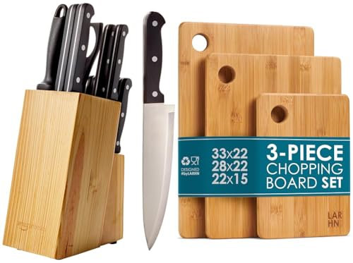 Amazon Basics 14-Piece Knife Set with Block, Black & Premium Extra-Thick Wooden Chopping Boards - 3 Piece Bamboo Chopping Board Set - 33x22cm / 28x22cm / 22x15cm