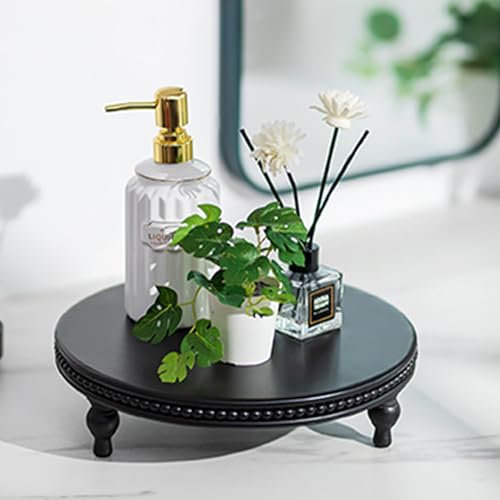 Hanobe Coffee Table Decor Tray: Round Black Decorative Wooden Trays with Beaded for Living Room - Modern Wood Pedestal Stand for Kitchen Bathroom Entryway Display Candle Plant 30cm