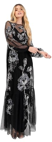 Maya Deluxe Women's Women's Maxi Dress Ladies Long Sleeve Boat Neck Sheer Tulle Floral Sequin Embellished Trapeze Evening Prom Ball Gown Dress (Pack of 1)