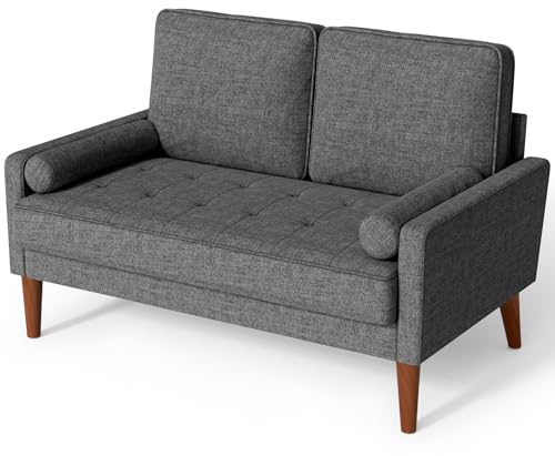 Vesgantti Sofa 2 Sitzer, 121 cm Modernes 2er Sofa mit 2 Wurfkissen, Kleine Stoffcouch mit Armlehne, Mini Sofa für Wohnzimmer/Wohnung/Büro, Einfache Montage, Dunkelgrau