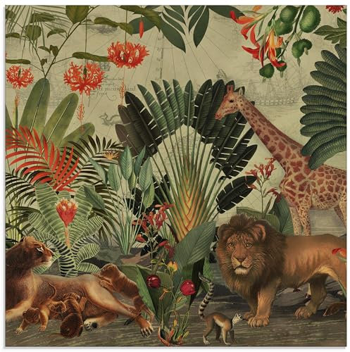 ARTland Wanddeko Glasbilder Wandbild Glas Bild 50x50 cm Exotische Pflanzen Tiere Löwe Giraffe Dschungel Afrikas Vintage Zoo U5GV