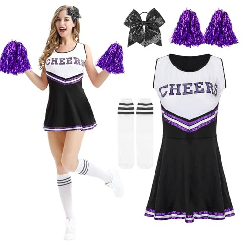Kitimi Cheerleader Kostüm Damen für Erwachsene, Cheerleadering Outfit Fancy Dress Uniform mit Pompoms Haargummi Socken, High School Cheerleader Kostüm für Verkleidung Karneval Party Cosplay Fasching
