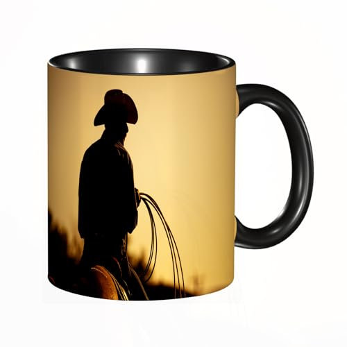EKLMPS Becher aus Keramik, Ideal als Geschenk, Hochwertiger Aufdruck, Tasse mit Motiv, Tee Becher, Coffee Cup, 330ml,Cowboy mit Lasso-Silhouette in einem Kleinstadt-Rodeo-Thema …