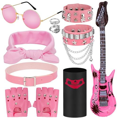 Hysagtek 11 Stück Rocker Outfit Damen, Rocker Kostüm 70er 80er 90er Jahre, Punk Gothic Accessoires mit Ringe, Schädelmasken, Kopftücher, Lederarmband, Handschuhe Nieten, Sonnenbrille (Rosa)