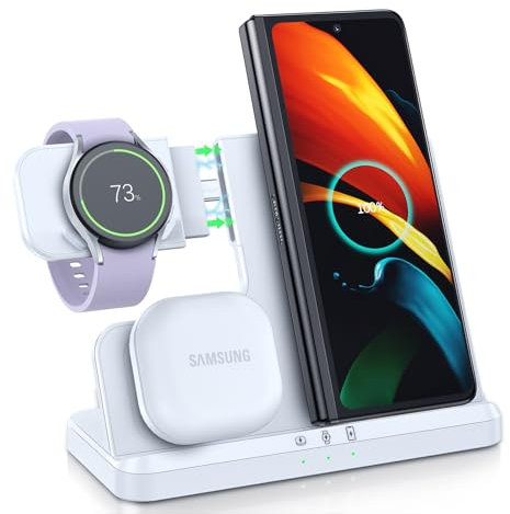 LK Induktive Ladestation für Samsung 3 in 1 Ladestation Kompatibel für Galaxy Watch 7/6/5/5 Pro/4/3 Ladegerät für Samsung S25 Ultra S24 S23 S22 S21 Z Flip Z Fold 6 5 4 Galaxy Buds, Kein Adapter, Weiß