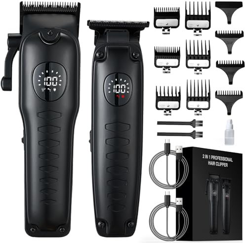 Oneyus 2 in 1 Profi Haarschneidemaschine Set, Clipper Haarschneider Herren Kabelloses, Barttrimmer Haartrimmer LED Anzeige Langhaarschneider mit 9 Führungskämmen Präzisionstrimmer Set - Schwarz