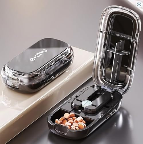 Vasmeiy Tablettenteiler, Tablettenschneider mit Aufbewahrungsfach, für Kleine und Große Tabletten, Mehrfachpillen Pill Cutter,für Reise &Haustier, täglichen Gebrauch (Black)