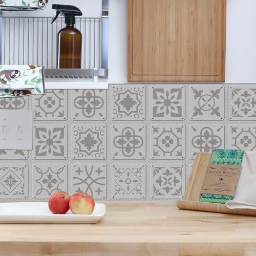 Mosaikfliesen 10x10 cm Beige Grau Retro Fliesenaufkleber Bad Küche Wasserdicht Küchenrückwand Selbstklebend Möbeldekoration Fliesenfolie für Schrank Tisch Klebefliesen (10 Stück)