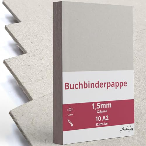 10 Blatt A2 Graupappe 1,5 mm dick | Größe 42x59,4cm | Buchbinderpappe | Graukarton 925 g/m², Presskarton, Recyclinkarton, Bastelarbeiten, binde, Scrapbooking