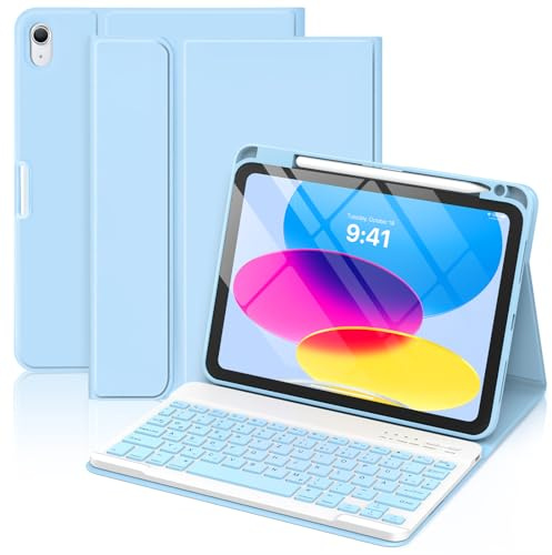 GAOJIE Tastatur Hülle für iPad A16 11 Gen 11'' 2025/iPad 10 Gen 10,9'' 2022 | Schutzhülle mit Stifthalter & Automatischer Weck- und Schlaffunktion, QWERTZ Deutsches Abnehmbarer Kabellose Tastatur-Blau