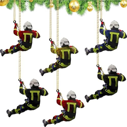 Feuerwehrmann Weihnachten Deko 6 Stück, Feuerwehrmann Weihnachtsbaumschmuck Anhänger, Feuerwehrmann Hängende Ornamente, Feuerwehrmann Acryl Anhänger, für Wandfenster, Bäume, Auto-Rückspiegelzubehör