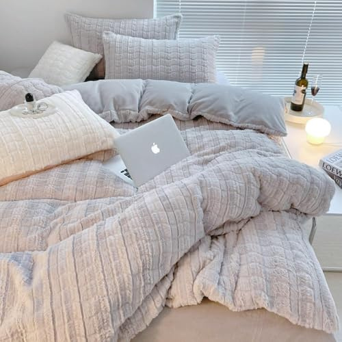 Covebett Warme Bettwäsche 220x240 Grau Hellgrau Winter Flauschig Plüsch Cashmere Touch Bettbezug Kariert Coral Fleece Flanell Wendebettwäsche Set 3 Teilig mit Reißverschluss and 2 Kissenbezüge 80x80cm