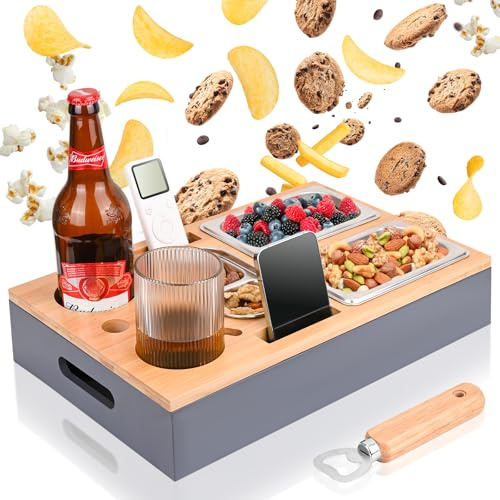 PUTINEI Couchbar Snackbox Mit 2 Snackschalen Aus Edelstahl,Handy- & Getränkehalter,mit Abnehmbarer Deckel, Couch Butler für Wohnzimmer Sofa Restaurant Picknick Party