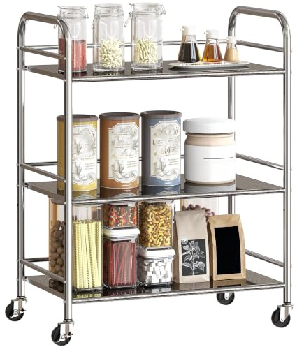 HOMCOM 3 Tier Stainless Steel Storage Trolley Adjustable Shelf Silver | Serving Trolley, Locking Wheels, Handles, Rolling Cart, Kitchen, Dining Room, Bathroom