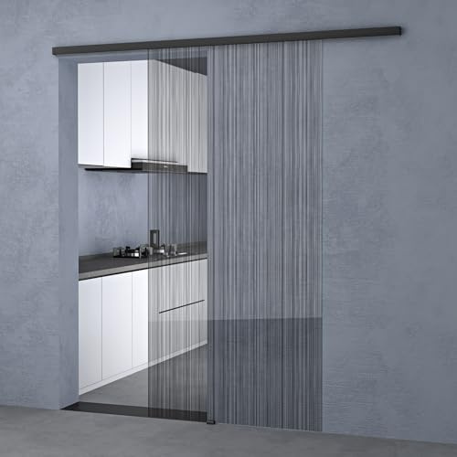 doporro Porta Scorrevole in Vetro Temperato 8 mm Finitura Nero Opaco Spazzolato 90 x 205 cm con Pellicola di Sicurezza, Maniglia Quadrata Muranino-001