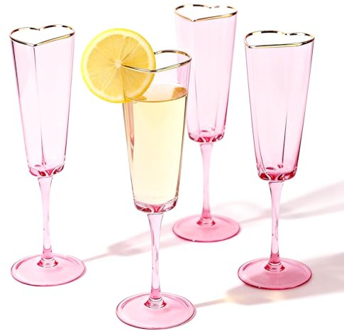 4 Pack Heart Shaped Champagne Flute Wedding Toasting Glasses Pink Coupe Martini Glasses Cocktail Toasting Glasses Wine Cups with Gold Rim for Bridal Shower Celebrations Girl Birthday Party Supplies
