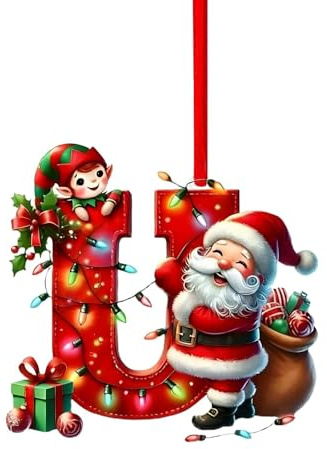 Personalisierte Acryl-Weihnachtskugeln zum Aufhängen mit den Anfangsbuchstaben A bis Z – ideal als kleines Mitbringsel für Weihnachten, mit Weihnachtsmann- und Schneemannmotiven (U, 8cm)