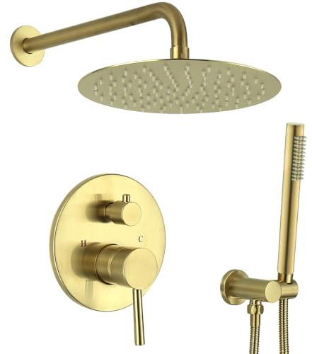 12 Inch Brass Shower System, Wall Mounted Concealed Shower Set with 30cm Round Rainfall Head and Handheld Shower, (Brushed Gold)