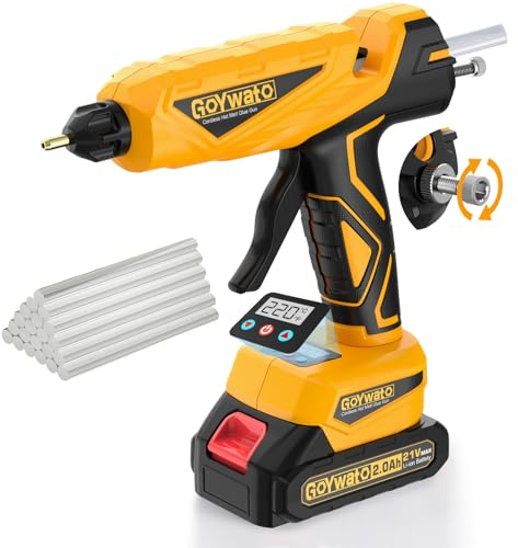 GoYwato Pistola Colla a Caldo Senza Fili 21V - 150W Pistola Colla a Caldo con Batteria 2.0Ah, Temperatura Regolabile 100-220℃, Riscaldamento Rapido, Ugello Antigoccia, 20 Bastoncini da 11mm per DIY