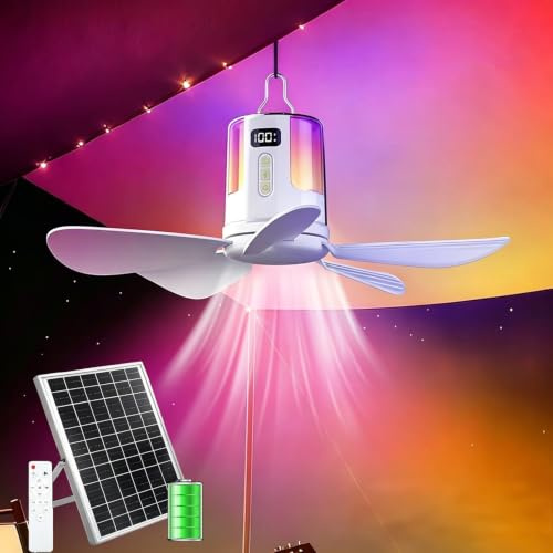 TRUYOK Ventilador de Techo con luz Solar batería de 12000 mAh 4 velocidades y temporizador luz nocturna RGB y lámpara LED ventilador colgante portátil Recargable para tienda de Al aire libre campaña
