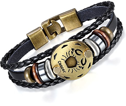 Flongo Lederarmband Horoskop Armband Damen Armkette Herren Armreif, Leder-Armband Armreif Manschette Manschettenknopf Schwarz Gold Golden Horoskop Tierkreis Sternzeichen Sternbild Krebs