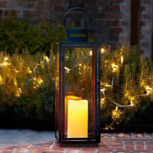 Lights4fun Extra Large 65cm Black Metal LED Candle Lantern – Battery Operated Decorative Outdoor Lantern with Flickering TruGlow® Candle, Waterproof Design & Timer for Indoor or Garden Use