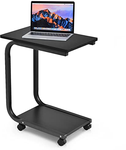 COSTWAY 2 Ebenen Beistelltisch, Sofatisch auf Rollen, Laptoptisch C-Form, mobiler Kaffeetisch mit Metallrahmen, für Sofa und Bett, 50 x 30 x 59 cm