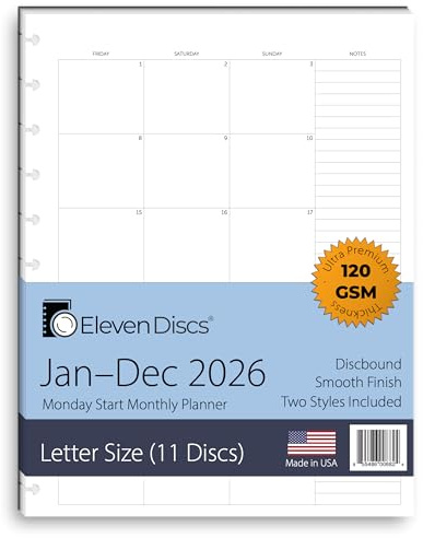 Eleven Discs Monthly Calendar Refill 2026 (Jan-Dec), 11-Disc, Monday Start, Letter 8.5 x 11, Fits Circa Arc & TUL, 120gsm Discbound Inserts, 2 Styles: Separated & Booklet, 38 Sheets