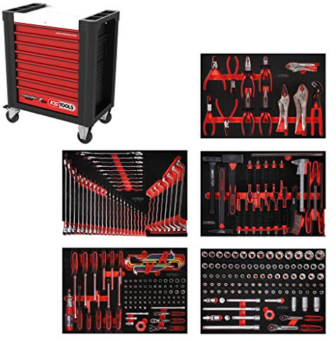 KS Tools 810.5279 PERFORMANCEplus Werkstattwagen P10 mit 8 Schubladen, bestückt mit 279 Werkzeugen in 5 Einlagen für 5 Schubladen