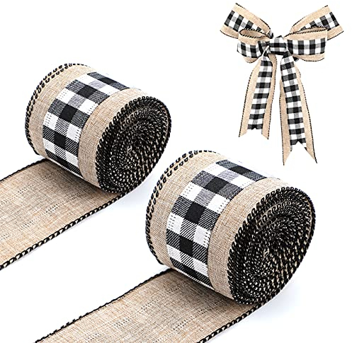LUTER 2 Rollen, 6 m, kariertes Band aus Jute, für Handwerk, Kabelbänder, Weihnachtsdekoration, für Bastelarbeiten, Landhausstil, Schmetterlings-Knoten (schwarz und weiß)