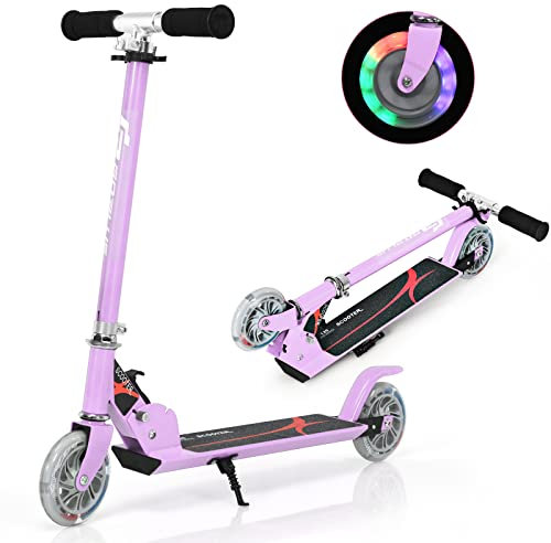 COSTWAY Trottinette Enfant avec 2 Roues Patinette Enfants Pliable Scooter Kick avec LED Lumière Hauteur Réglable (Mauve)