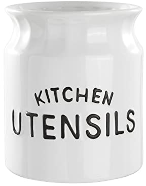 Karisky Kitchen Utensil Holder, Large Farmhouse Utensil Holder for Countertop, Decorative Ceramic Cooking Utensil Crock Holder for Kitchen Counter, 14 x 16 cm, White