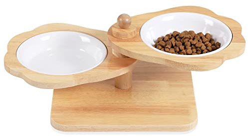 Gamelles Surélevées pour Chat, Support de Gamelle Surélevée pour Chien et 2 Gamelles Denses, Mangeoire pour Animaux de Compagnie avec Nourriture en Bois et Eau pour Chats et Chiots (2 Gamelles)