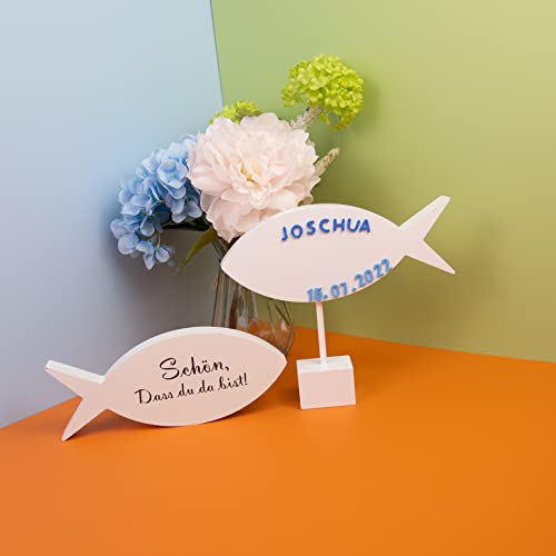 Personalisierte Taufe fische set,Holzfische mit Namen,Tischdeko,Konfirmation Kommunion,Babyparty,Streuartikel Tischdeko andere Festliche Anlässe dekoration (Weiß + blau)