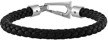 Bulova Men's Jewelry Marine Star Black Leather Braided Bracelet, Tuning Fork Shape Stainless Steel Clasp, Size Medium, Size Large Style: BVB1046-SBSTNA, Large, Leather, no gemstone, Large, Leather, no