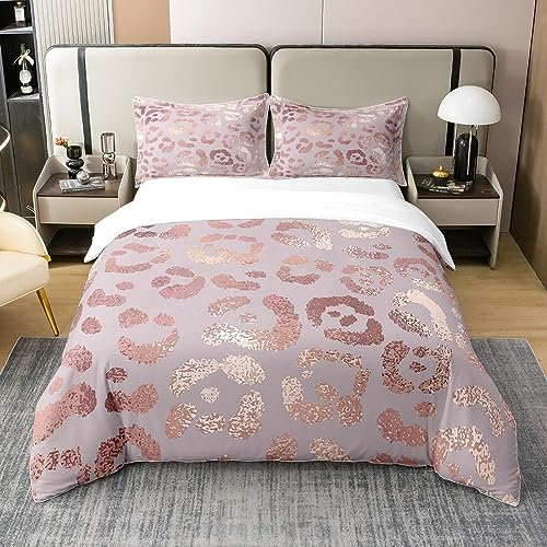 100 Percent Cotton Cheetah Print Duvet Cover,Rose Gold Colored Leopard Print Bedding Set,Luxury Pink Sequin Comforter Cover,Safari Animal Quilt Cover with 2 Pillow Cases Double